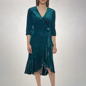 Calvin Klein Women’s Velvet Burnout Mid-Calf Wrap Dress in Malachite